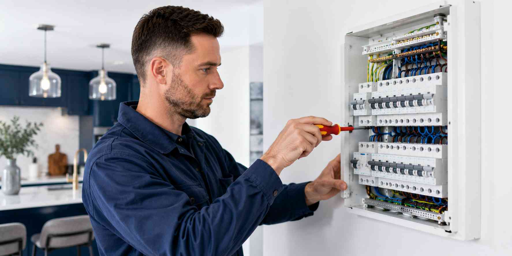 Electrician using a multimeter for electrical fault diagnosis at a consumer unit