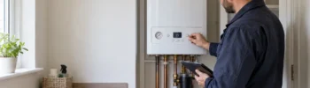 Heating engineer checking a new boiler in a Stevenage home